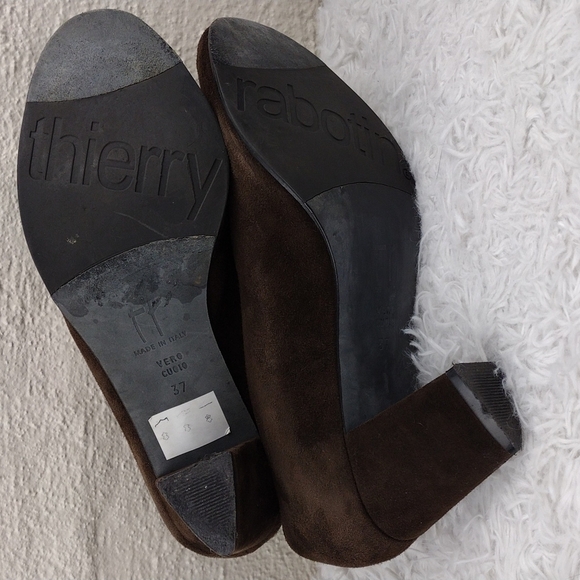 Thierry Rabotin Vintage Brown Suede Leather Almond Peep Toe Blocked Heel Shoe - Picture 7 of 15